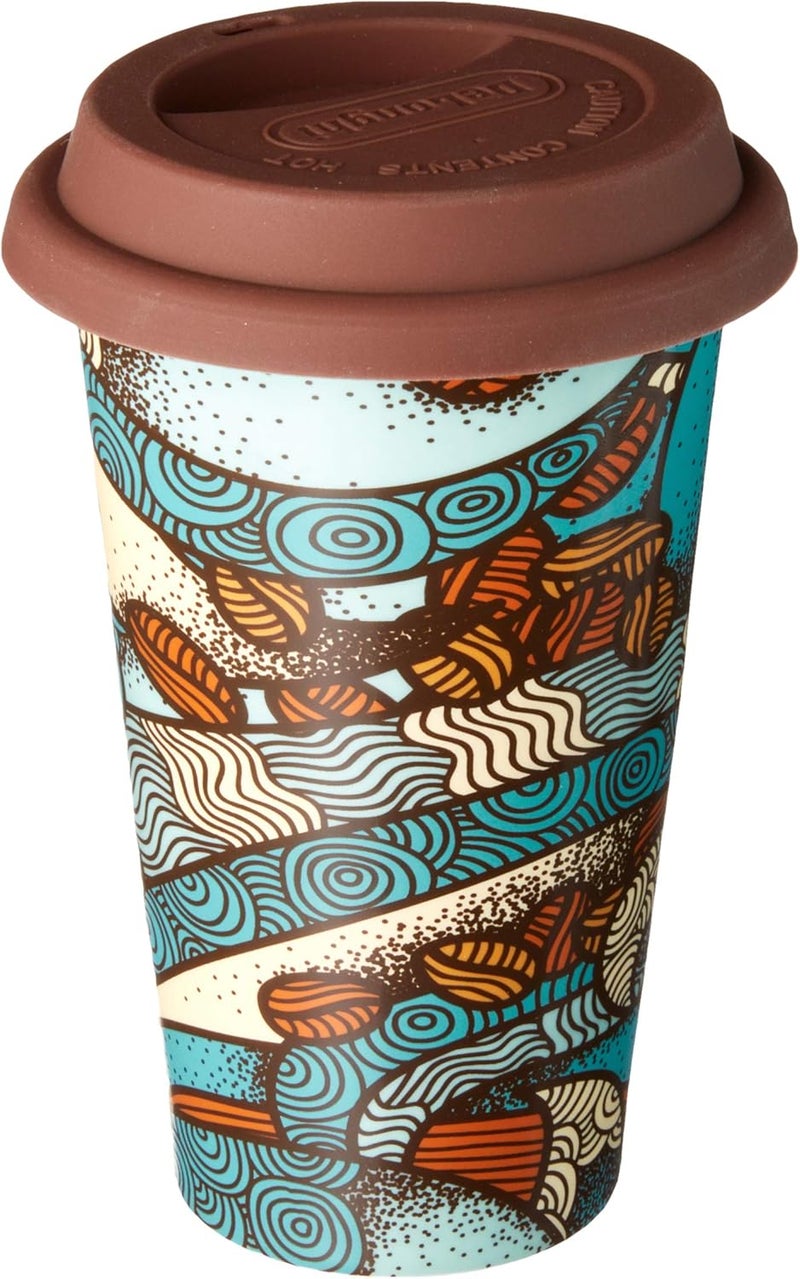 De'Longhi Double-Wall Ceramic Mug 300ml - Handmade Thermal Mug with Silicone Lid, Keeps Drinks Warm Longer, Microwave and Dishwasher Safe, Geometric Pattern, Brown DLSC055 - Image 2